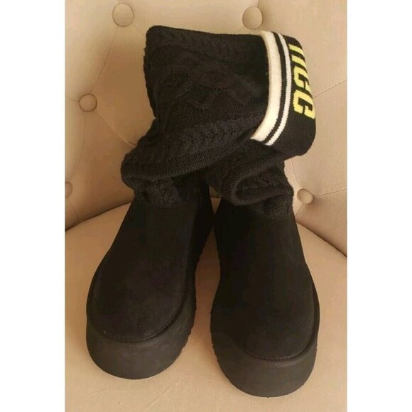 NEW UGG CLASSIC SWEATER LETTER KNIT SUEDE PLATFORM BOOTS BLACK SIZE US 9 - Picture 6 of 9